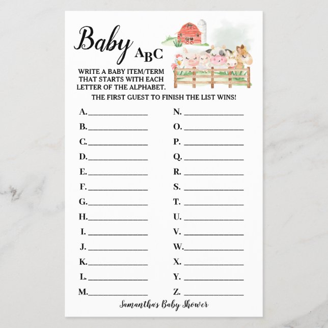 Landtiere Baby ABC Babyduschkarte Flyer (Vorne)