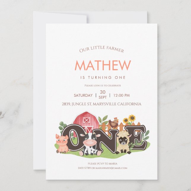 Landtiere Barnyard 1. Geburtstag Einladung (Vorderseite)