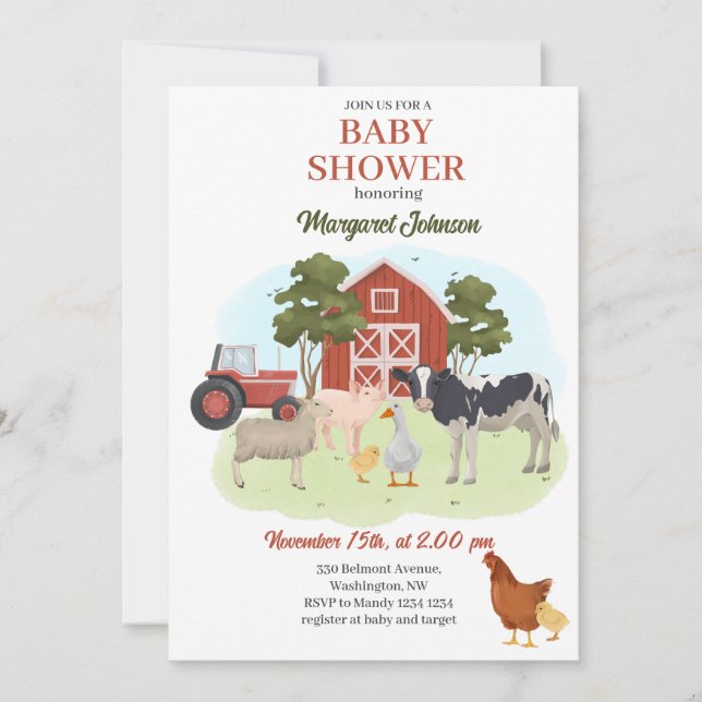 Landtiere Barnyard Babydusche Einladung (Vorderseite)