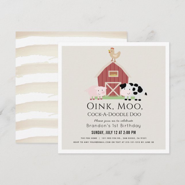 Landtiere Barnyard Beige 1. Geburtstag Platz Einladung (Vorne/Hinten)