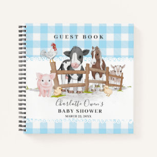 Landtiere Barnyard Blue Baby Shower Gästebuch Notizbuch