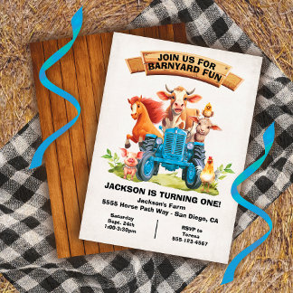 Landtiere Barnyard Blue Tractor Geburtstag Einladung