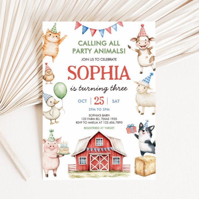 Landtiere Barnyard Geburtstagspartei Einladung (Farm Animals Red Barnyard Birthday Party Invitation)