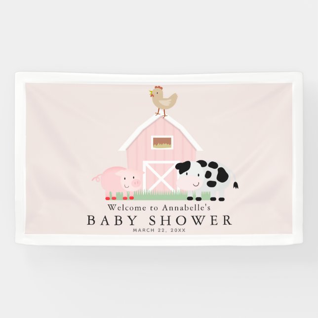Landtiere Barnyard Pink Baby Dusche Willkommen Banner (Horizontal)