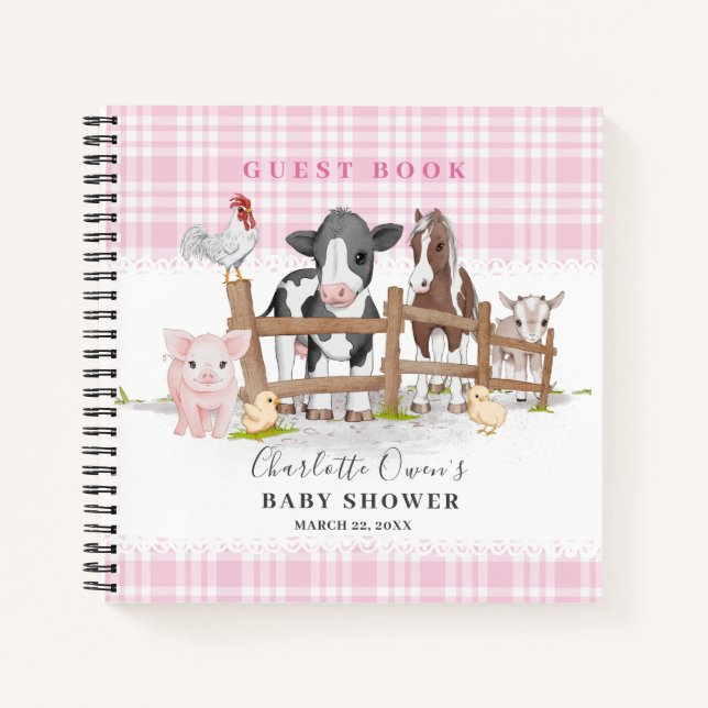 Landtiere Barnyard Pink Baby Shower Gästebuch Notizbuch (Vorderseite)