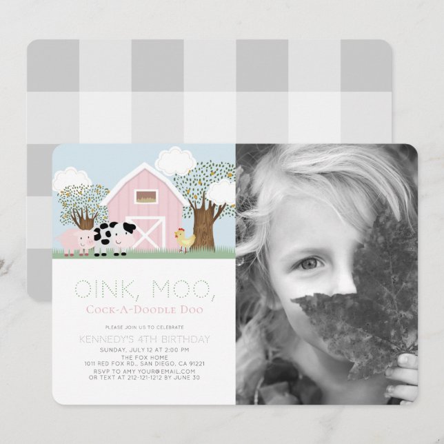 Landtiere Barnyard Pink Barn Birthday Foto Einladung (Vorne/Hinten)