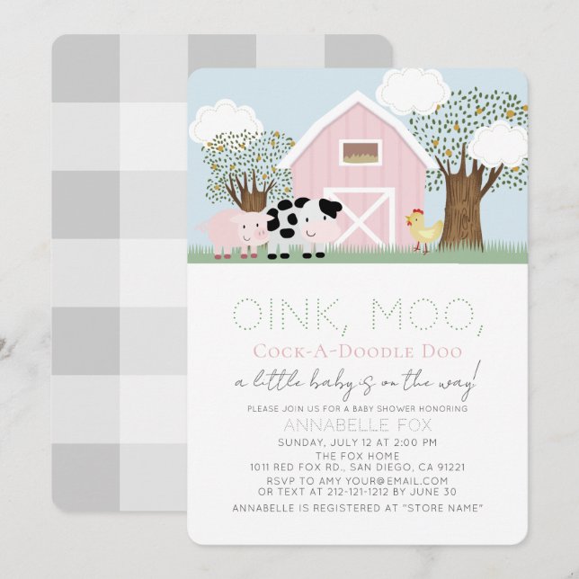 Landtiere Barnyard Pink Barn Girl Baby Dusche Einladung (Vorne/Hinten)