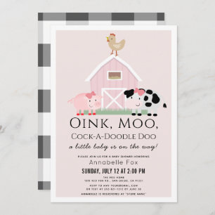 Landtiere Barnyard Pink Gingham Baby Dusche Einladung