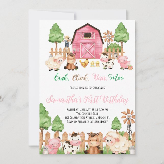 Landtiere Barnyard Pink Girl Geburtstagsparty Einladung (Vorderseite)
