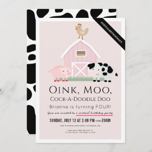 Landtiere Barnyard Pink Girl Virtual Geburtstag Einladung
