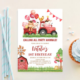 Landtiere, Barnyard, Ranch Girls 1. Geburtstag Einladung