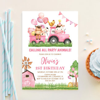 Landtiere, Barnyard, Ranch Girls 1. Geburtstag Einladung
