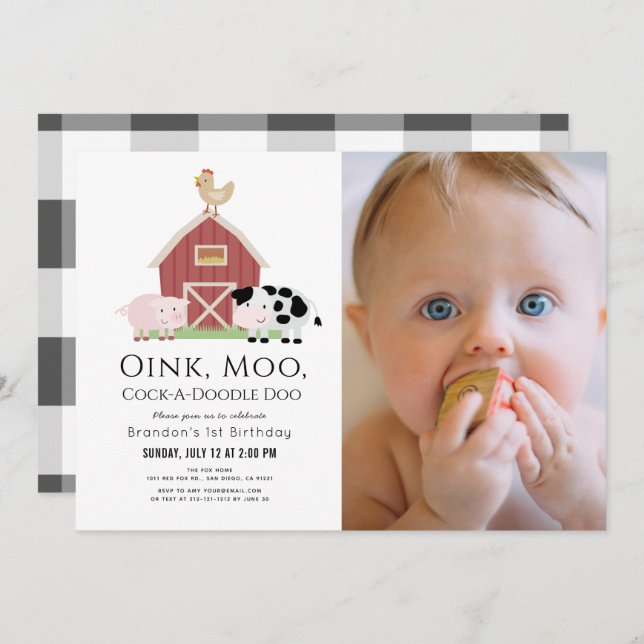 Landtiere Barnyard White Foto 1. Geburtstag Inv. Einladung (Vorne/Hinten)