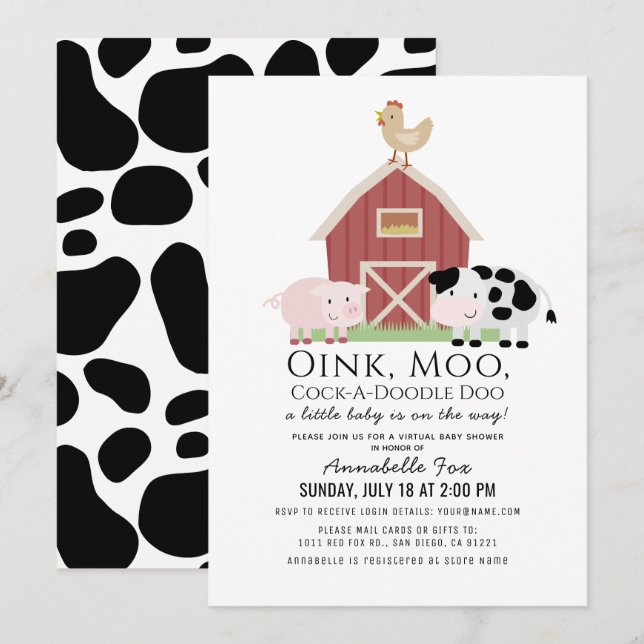 Landtiere Barnyard White Virtual Baby Dusche Einladung (Vorne/Hinten)