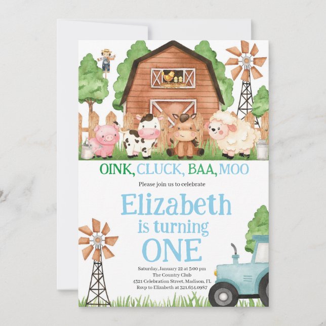 Landtiere Blue Boy Barnyard Geburtstagspartei Einladung (Vorderseite)