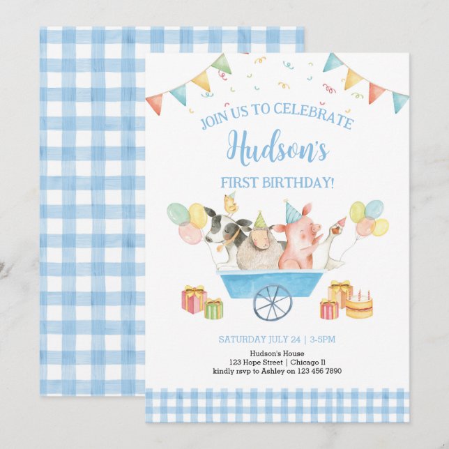 Landtiere Blue Gingham Boy Girl First Birthday Einladung (Vorne/Hinten)