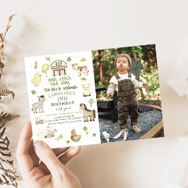 Landtiere Boy Green Barnyard Geburtstags-Foto Einladung