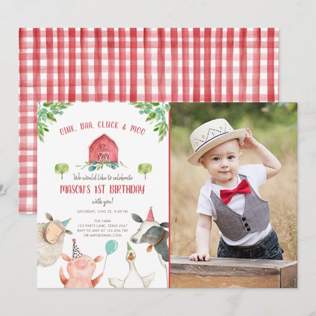 Landtiere Boy Red Gingham Barnyard Birthday Einladung (Vorne/Hinten)