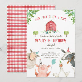 Landtiere Boy Red Gingham Barnyard Birthday Einladung