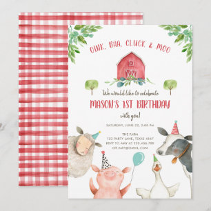Landtiere Boy Red Gingham Barnyard Birthday Einladung