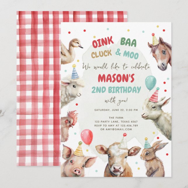 Landtiere Boy Red Gingham Barnyard Birthday Inv Einladung (Vorne/Hinten)
