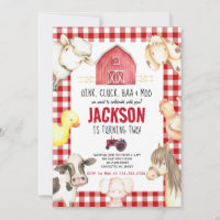Landtiere Boy Red Gingham Barnyard Birthday Inv