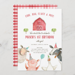 Landtiere Boy Red Gingham Barnyard Geburtstag Einladung