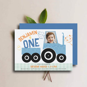 Landtiere Denim Tractor Niedliches Foto 1. Geburts Einladung