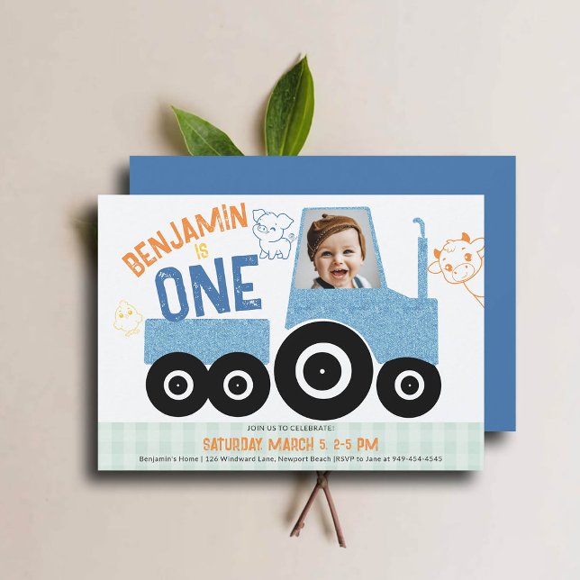 Landtiere Denim Tractor Niedliches Foto 1. Geburts Einladung (farm tractor birthday invitation 1st first boy photo animals barnyard cute illustration denim blue)