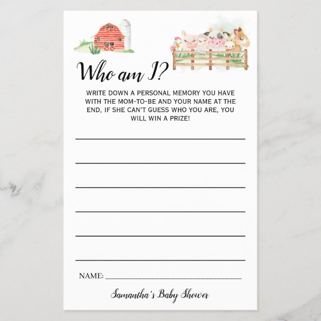 Landtiere, die ich bin Baby Shower Game Card Flyer (Vorne)