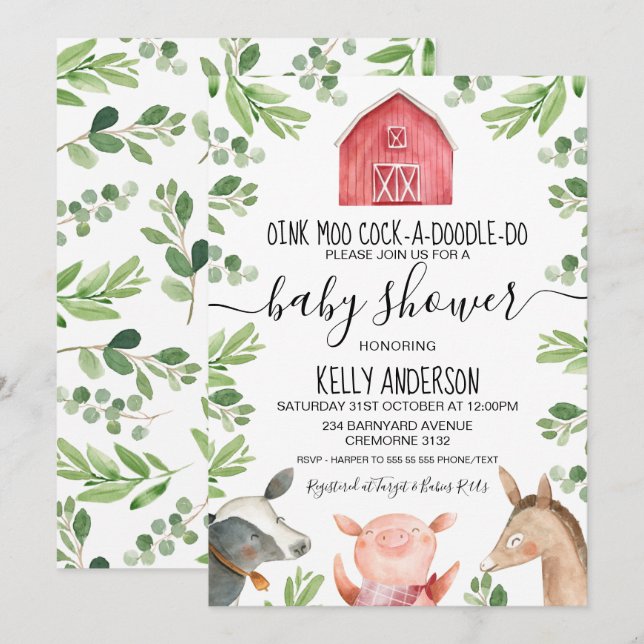 Landtiere Foliage Baby Dusche Einladung (Vorne/Hinten)