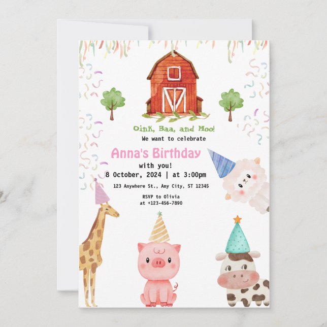 Landtiere Girl Gingham Barnyard Geburtstag Einladung (Vorderseite)
