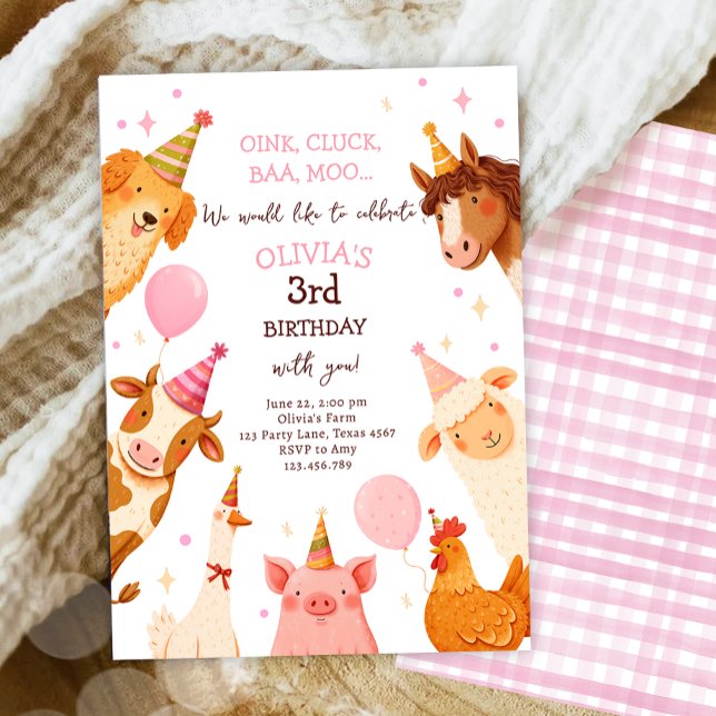 Landtiere Girl Pink Gingham Barnyard Geburtstag Einladung (Von Creator hochgeladen)