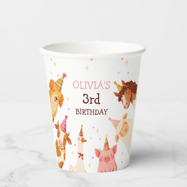 Landtiere Girl Pink Gingham Barnyard Geburtstag Pappbecher (Vorderseite)