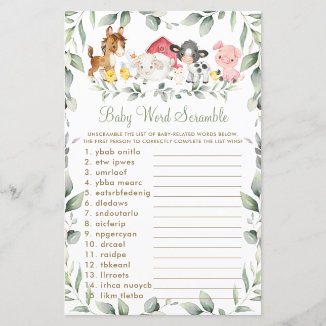 Landtiere Grünpflanzen Kinderdusche Word Scramble (Vorderseite)