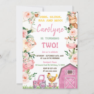 Landtiere Mädchen Rosa Geburtstagseinladung Einladung