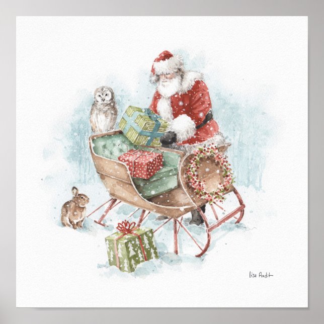 Landtiere mit dem Weihnachtsmann und seinem Schlit Poster (Vorne)