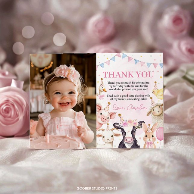 Landtiere Pink Barnyard Girl Birthday Foto Dankeskarte (Von Creator hochgeladen)