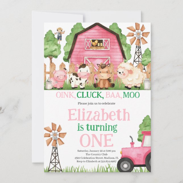 Landtiere Pink Girl Barnyard Geburtstagsparty Einladung (Vorderseite)