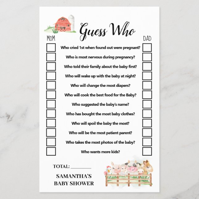 Landtiere raten, wer Baby Shower Game Card Flyer (Vorne)