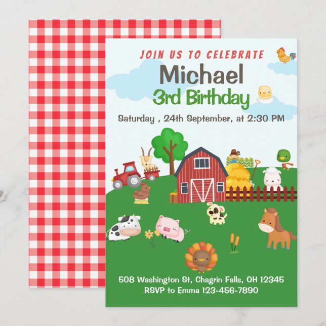 Landtiere Red Gingham Barnyard Birthday Invitat Einladung (Vorne/Hinten)