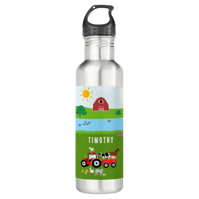 Landtiere & Red Tractor Barnyard Individuelle Name Edelstahlflasche (Vorderseite)