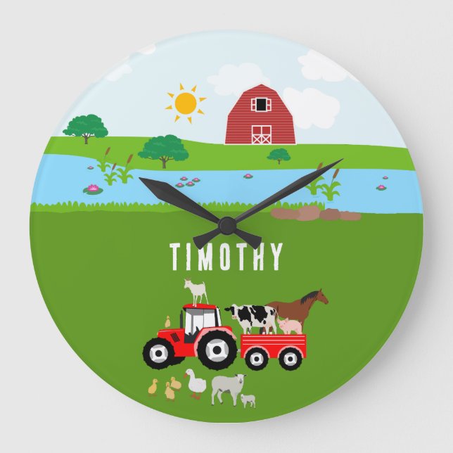 Landtiere & Red Tractor Barnyard Individuelle Name Große Wanduhr (Vorderseite)