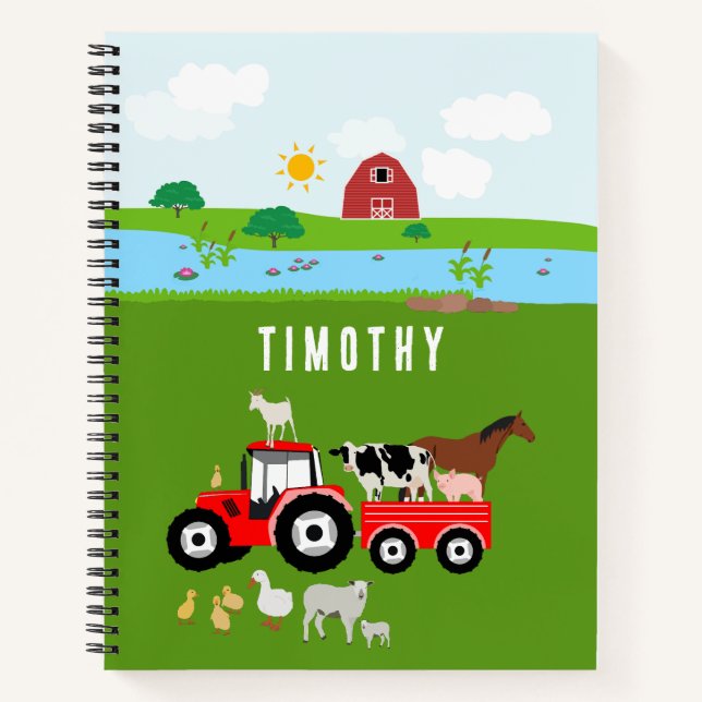 Landtiere & Red Tractor Barnyard Individuelle Name Notizbuch (Vorderseite)