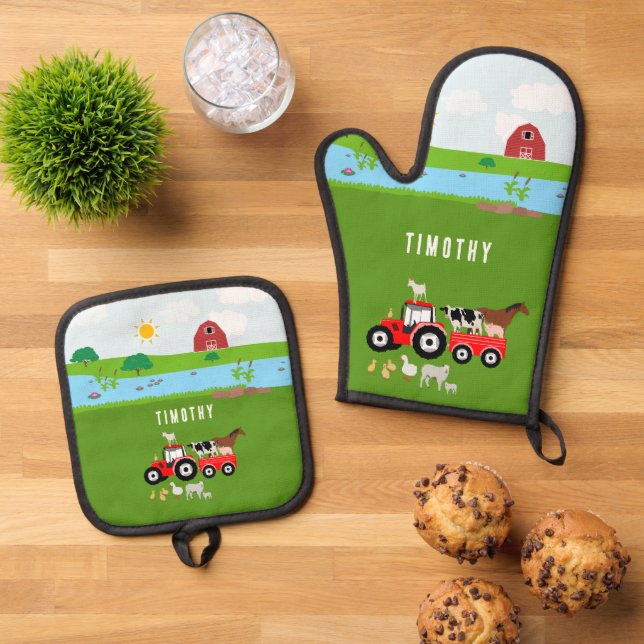 Landtiere & Red Tractor Barnyard Individuelle Name Ofenhandschuh & Topflappen-Set (Oben Unten)