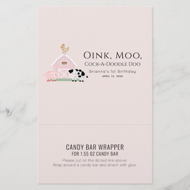 Landtiere Rosa Geburtstagskandinchen Bar Wrapper (Vorderseite)