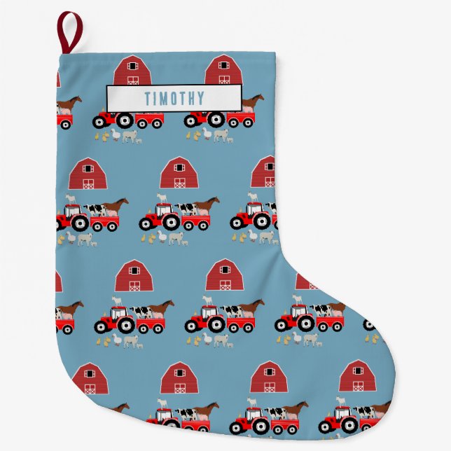 Landtiere & rote Traktor Barnyard Boys Muster Großer Weihnachtsstrumpf (Vorderseite)