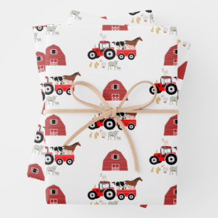 Landtiere & rote Traktor Barnyard Muster Geschenkpapier Set