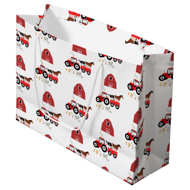 Landtiere & rote Traktor Barnyard Muster Große Geschenktüte (Vorderseite Schrägansicht)