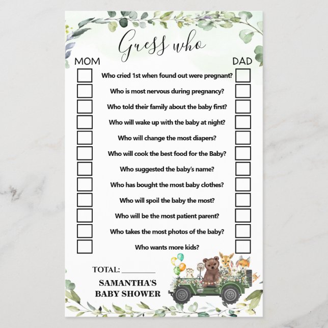 Landtiere schätzen, wer die Baby Shower Game Card Flyer (Vorne)